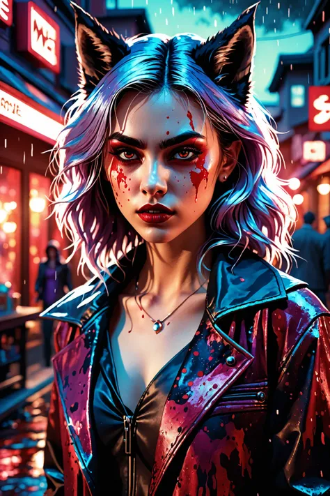 Detailed portrayal of a malevolent young perfectly woman werewolf in Vampire: The Masquerade setting; sinister aura, mystical, crimson shade, ominous sorcery splatter, Gothic, pastel tetradic hues, mastearpiece photographer artwork, endearing and peculiar,...