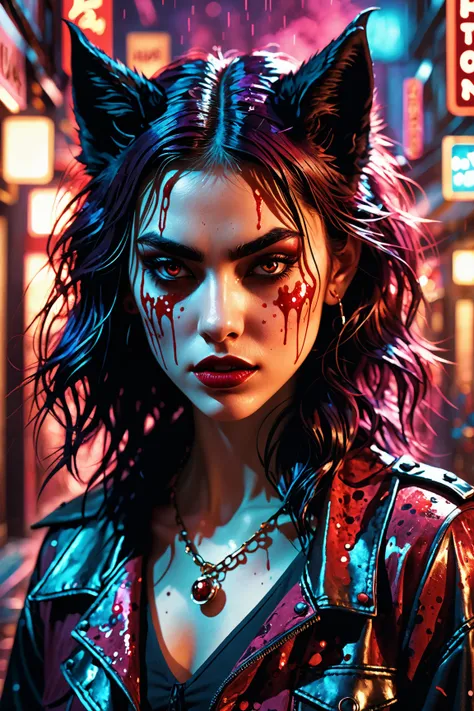 Detailed portrayal of a malevolent young perfectly woman werewolf in Vampire: The Masquerade setting; sinister aura, mystical, crimson shade, ominous sorcery splatter, Gothic, pastel tetradic hues, mastearpiece photographer artwork, endearing and peculiar,...