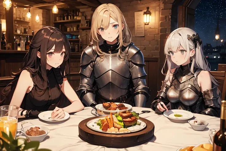 A group of young female knight, (in tavern), various hair styles, harem, wearing armored clothes, metal armor, night, details face, , short skirt, seducing, sword, sleeveless , night, starry night 