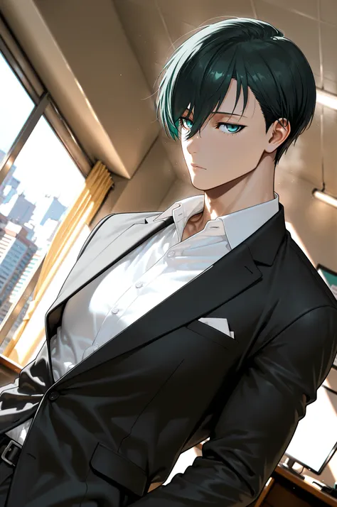 HDR, 8K, high contrast, masterpiece, best quality, amazing quality, very aesthetic, high resolution, ultra-detailed, absurdres, 1boy, closed mouth, Itoshi Rin, Blue Lock, teal eyes, underlashes, asymmetrical bangs, dark green hair, short hair, lean, muscul...