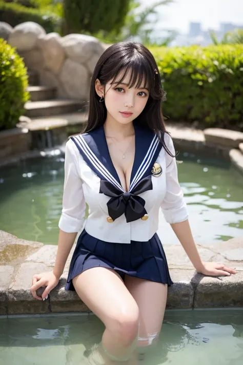 ((  best quality  )), ((Masterpiece)), (  Details),   girls ,   sexy、  sailor suit 、  big breasted 、  black hair、  miniskirt、 Beautiful girl holding a cucumber、  red ribbon、  cleavage 、ネイビーの  sailor suit 、 black knee-highs、Taking a bath in a Japanese hot s...