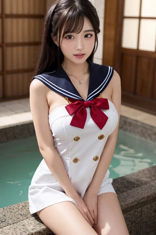 ((  best quality  )), ((Masterpiece)), (  Details),   girls ,   sexy、  sailor suit 、  big breasted 、  black hair、  miniskirt、 Beautiful girl holding a cucumber、  red ribbon、  cleavage 、ネイビーの  sailor suit 、 black knee-highs、Taking a bath in a Japanese hot s...