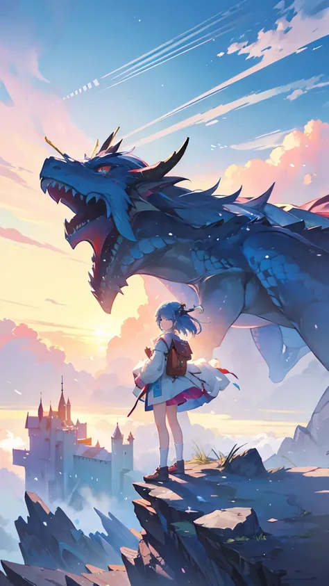 (Masterpiece,  best quality ), ( colorful:1.4),  from above, Alone,  Girl Standing on a Cliff Overlooking a Sea of Clouds , Dragons Dance 、 Where Ancient Castles Float in the Mist ,  Holding a bag of dragon scales and a map to a hidden area,  allows depth ...