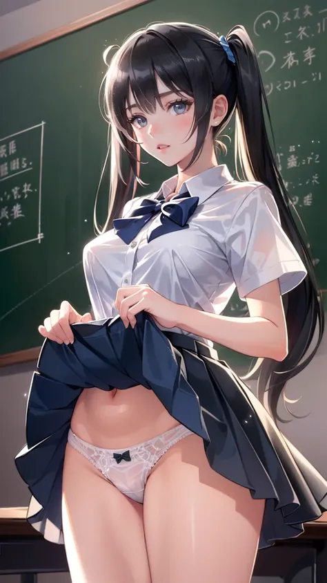    1 girl, Alone,    long hair, Chest,     viewers , ,   tea hair,    black hair,     Closed Mouth ,    twin tails ,    brown eyes ,    different Standing on her bust  , underwear,    school uniform, clavicle,    white shirt, Short sleeve,  thighs,    plea...