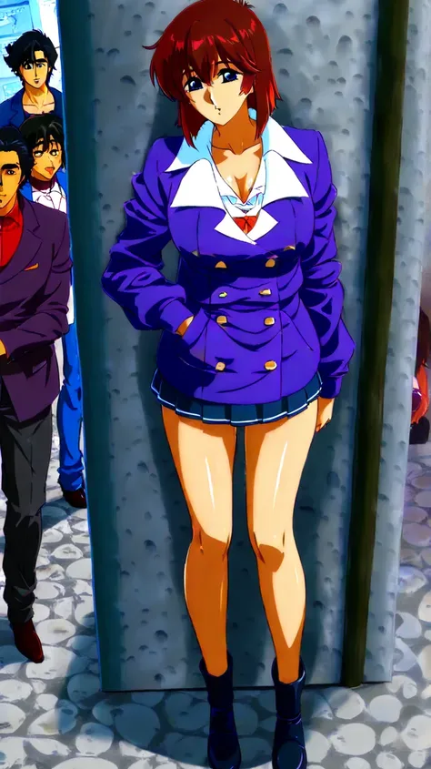 full body, estilo anime 90's SaekoNogami (from anime City Hunter) completamente desnuda mostrado pezones y vagina, Slender body, de pie, estilo anime 90's, textura acuarela