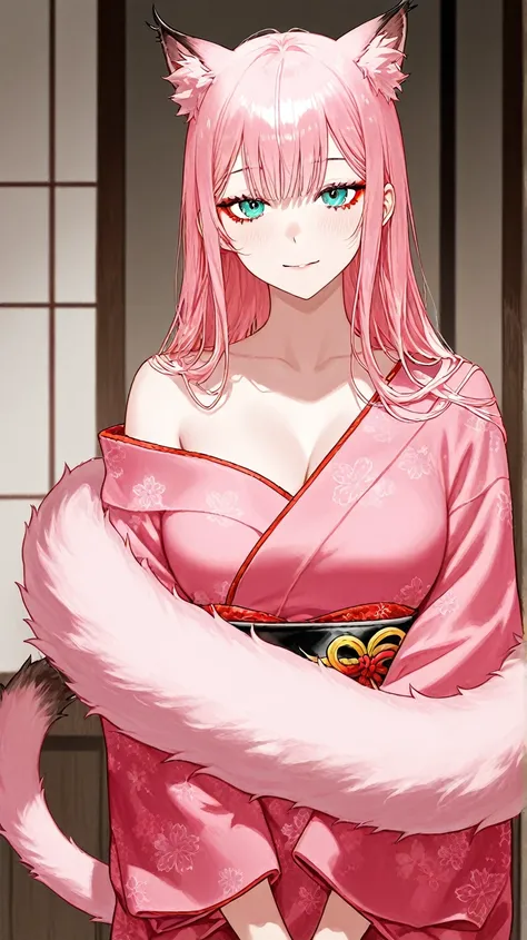 Waifu adult ice lynx,  With a lynx tail and ears, Ice waifu , with a fluffy tail, con un sueter, zero two, en kimono 