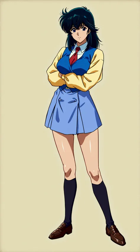 full body, estilo anime 90's SaekoNogami (from anime City Hunter) completamente desnuda mostrado pezones y vagina, Slender body, de pie, estilo anime 90's, textura acuarela