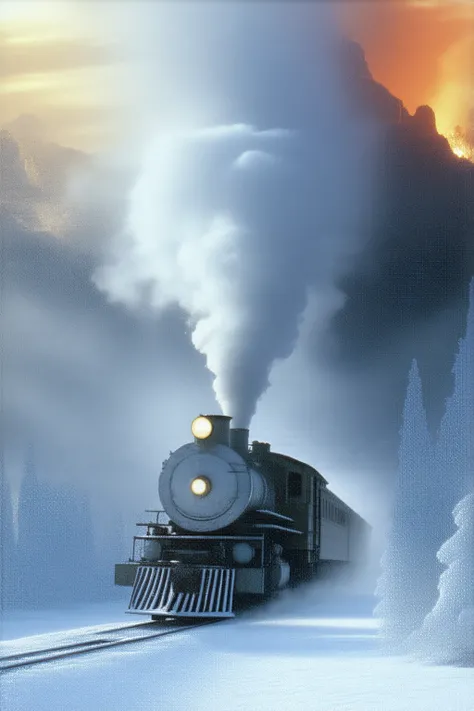 A fantastical scene depicting a time-traveling train journeying through a snowy kingdom. The train is ornate and steam-powered, with intricate designs on its exterior, billowing clouds of steam as it moves. Surrounding the train are vast landscapes covered...