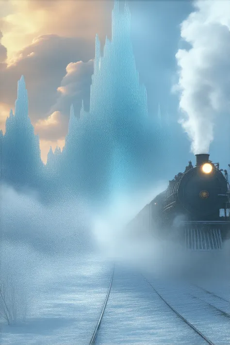 A fantastical scene depicting a time-traveling train journeying through a snowy kingdom. The train is ornate and steam-powered, with intricate designs on its exterior, billowing clouds of steam as it moves. Surrounding the train are vast landscapes covered...