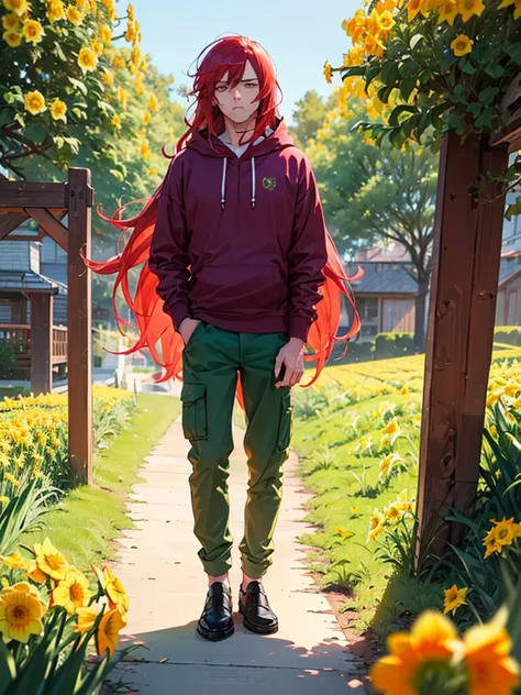 ( adult male, ( Long hair,  Red hair), red bristle ,  purple eyes ,  disappointed look, green hoodie , orange pants )(daffodil flower field)