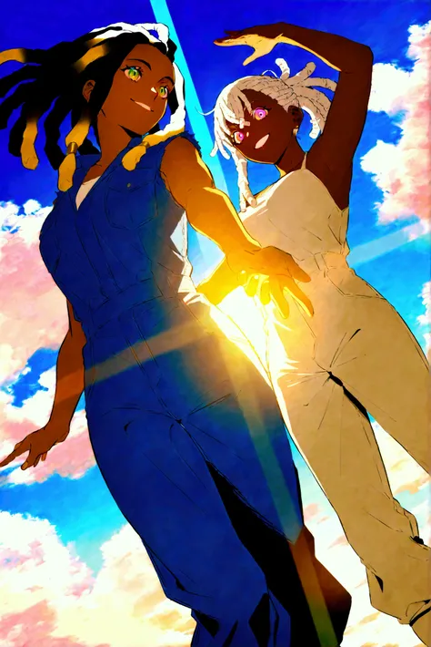  Tanned skinned white-haired woman posing with open arms,  wearing denim jumpsuit, dreadlock style hair,  ponytail style hair ,  corpo Atlético,  bright psychotic smile , highlighted lighting ,  bottom angle, Clear daytime sky ,  bright colors of the sky ,...