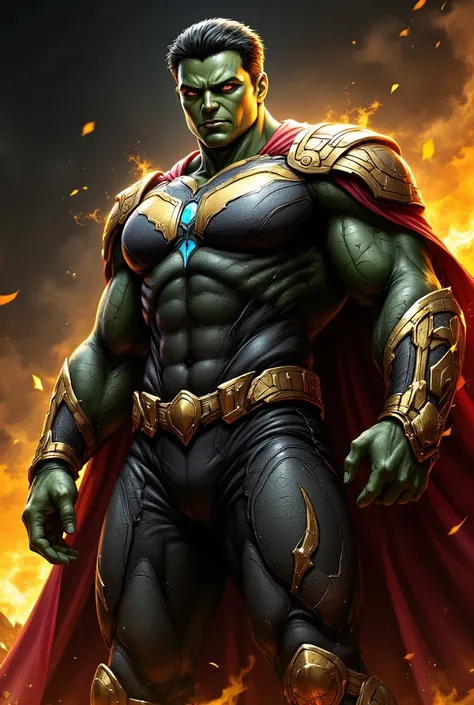 This is a highly detailed digital illustration depicting a muscular man in a superhero costume, standing in a dramatic, fiery setting. Hulk es un personaje de Marvel Comics que se caracteriza por su gran tamaño, fuerza y musculatura. Su apariencia física e...