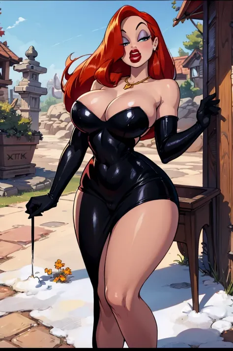 Jessica Rabbit - hot redhead milf, thick sexy body , big tits,  thick legs,  naked female body ,  without clothes,  thick red lips , black stockings,  long black gloves , black necklace