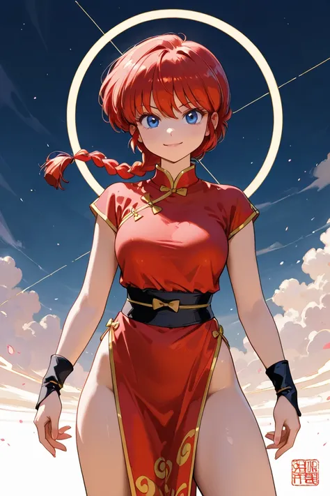 (Alone:1.3), a girl\(ranma,   the main character of the anime  \(ranma1/2\), beautiful,sexy, Braided   red hair, Ojos rojos,    Chinese red clothing   ,   smiling,  ranma saotome , Braid,   red hair, single Braid, Braided ponytail, Ojos rojos, pantalones ,...