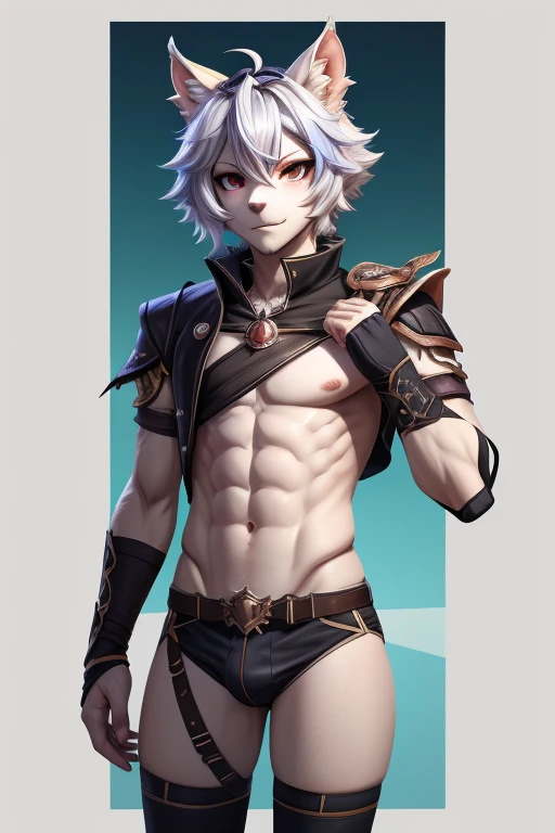 hi-res, good graphics, great anatomy, anatomically correct, detailed body, digital art, von lycaon_(mihoyo, zenless zone zero), male, skinny, twink, femboy, slim