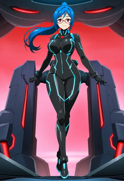 1girl, full body, ponytail, blue hair, black bodysuit, bodysuit, red eyes, large breasts, thick thighs, wide hips, hourglass figure, smile, light smile, futuristic, science-fiction, machinery, tech, neon trim, glasses, red glasses, robot girl, shiny skin, ...