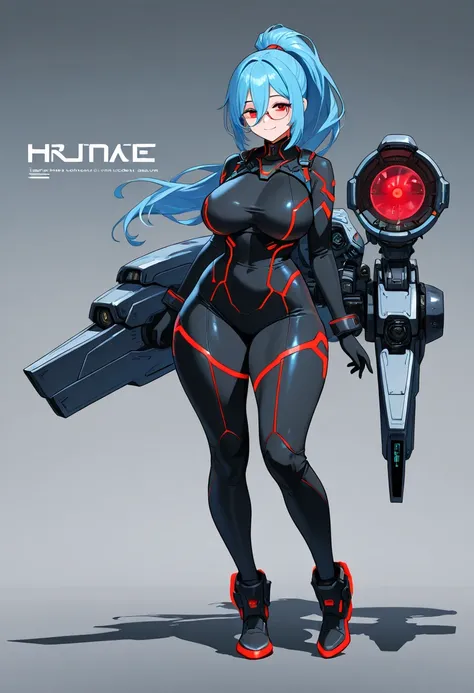 1girl, full body, ponytail, blue hair, black bodysuit, bodysuit, red eyes, large breasts, thick thighs, wide hips, hourglass figure, smile, light smile, futuristic, science-fiction, machinery, tech, neon trim, glasses, red glasses, bangs, long bangs,