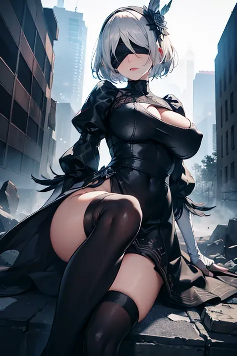 sitting, raised leg invitation,
The End of the World,rubble,Cracked asphalt,weed,There is a morning fog,deserted street,Collapsed overpass,a huge mountain made of rubble, On top of rubble,
2b,Night's. 2 Type B,Nier Automata,Perfect Face,one person,Game Cha...