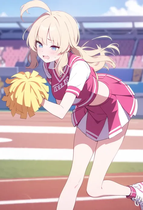 (masterpiece, best quality), 1girl, solo, kawaii, cheerleader, mini skirt, blonde hair, wind lift, idle