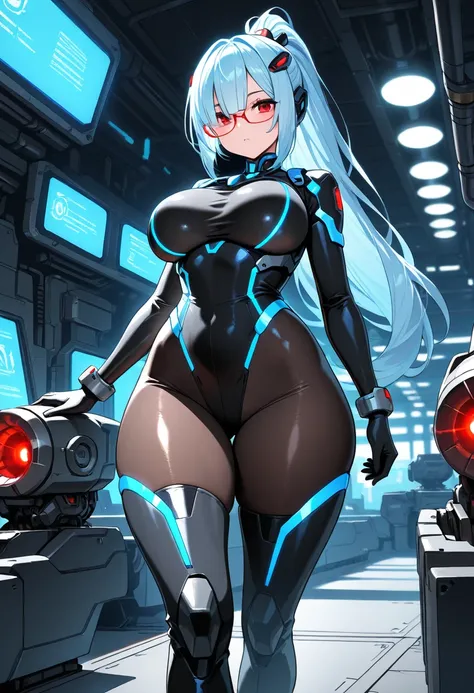 1girl, blue hair, ponytail, long hair, long ponytail, bangs, long bangs, red eyes, large breasts, thick thighs, wide hips, shiny skin, hair ornament, ornament, glasses, red glasses, bodysuit, black bodysuit, pantyhose, black pantyhose, blue trim, light blu...