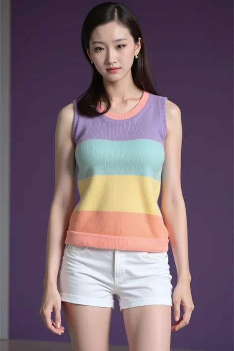 Full body photo of a pretty young woman, wearing white shorts and a knitted sweater with stripes in pastel colors like pink, purple, mint green, yellow, and orange. She has long brown hair tied into a low ponytail behind her head. The background is a plain...