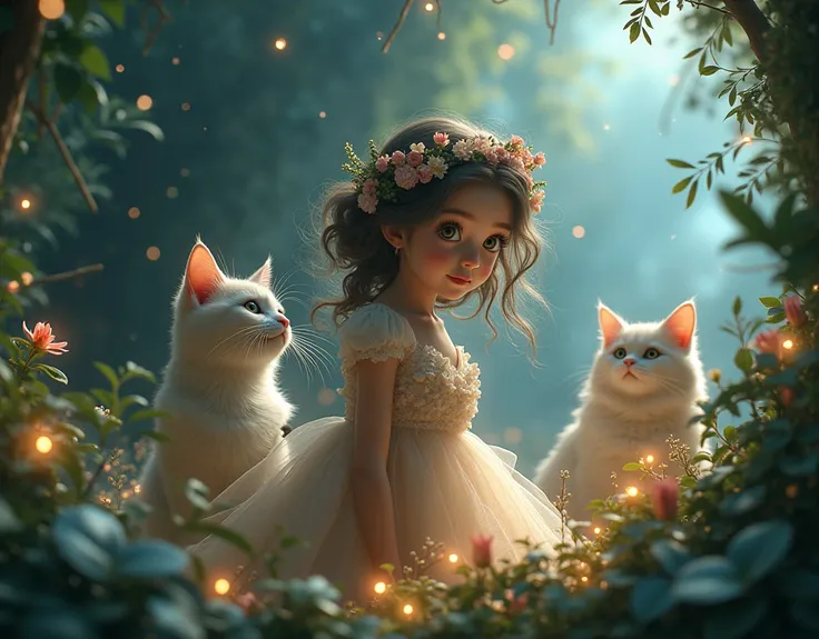 可愛いファンタジー私と猫のtrip、trip、Cute Cat Companions 、 Magical Realism 、 One Human Girl 、 highly detailed eyes and face 、 long lashes、 Elegant Fantasy Forest 、 Glowing Mysterious Plants 、 Magical Forest Creatures 、 Magical Lighting Effects 、 bright colors、 best qual...