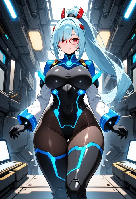 1girl, blue hair, ponytail, long hair, long ponytail, bangs, long bangs, red eyes, large breasts, thick thighs, wide hips, shiny skin, hair ornament, ornament, glasses, red glasses, bodysuit, black bodysuit, pantyhose, black pantyhose, blue trim, light blu...