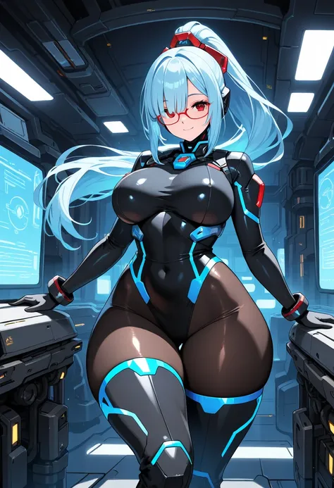 1girl, blue hair, ponytail, long hair, long ponytail, bangs, long bangs, red eyes, large breasts, thick thighs, wide hips, shiny skin, hair ornament, ornament, glasses, red glasses, bodysuit, black bodysuit, pantyhose, black pantyhose, blue trim, light blu...