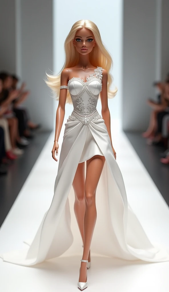  Barbie walking on a stunning fashion runway in a white dress, Elegant haute couture, Elegant white dress, fashionable white clothes, elegant suit, sophisticated dress,  elegant clothes , short skirt,  white polygonal dress , elegant and refined, elegant a...