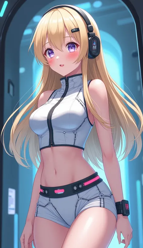 Detailed anime illustration, pixiv style,anime love-live style, zero gravity space. Woman dressed in white spaceship high-tech capsule, cold sleep device. Japanese woman, blonde long hair, blush,shy,wearing futuristic underwear with biosensors and circuit ...