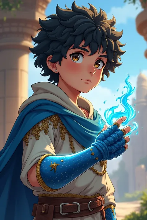  A boy from the Middle East anime style of Knights of the Zodiac,  with thick curly hair , wearing 1st century clothes ,  with a blue phoenix gauntlet on his right arm  