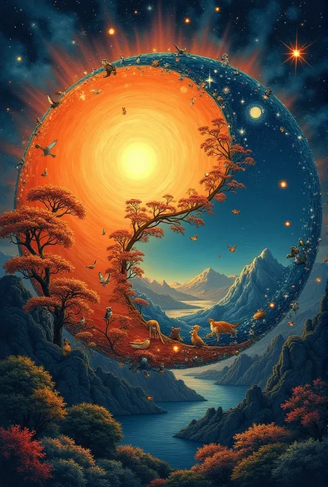 A stunning artist interpretation of the Yin and Yang symbol, depicting the Yin side as the sun with a vibrant sky and lively animals, and the Yang side as the moon with stars, owls, and fireflies. Abstract art, intricate details, gorgeous scenery, best res...