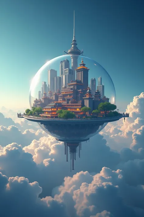 (((Best quality))),(((Ultra detailed))),(((Masterpiece))),illustration,(A futuristic city in a bubble floating above the clouds:1.5), Floating city in the sky, in the style of beeple, 3 d render beeple, futuristic utopian fantasy, Futuristic setting, beepl...