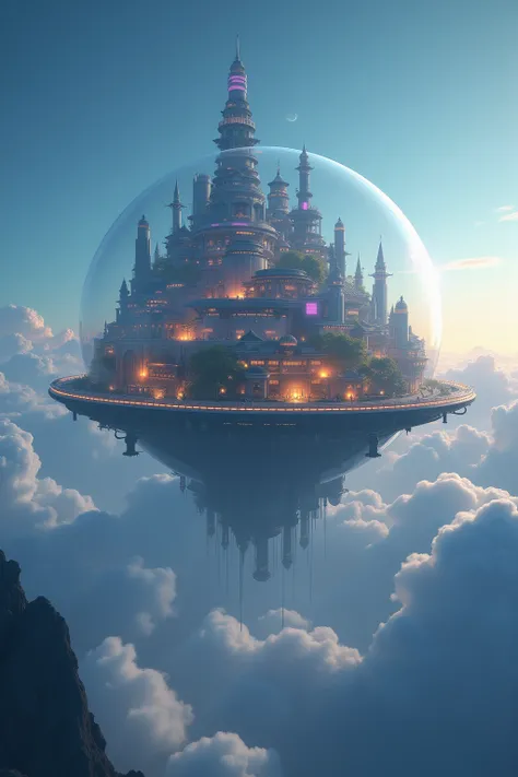 (((Best quality))),(((Ultra detailed))),(((Masterpiece))),illustration,(A futuristic city in a bubble floating above the clouds:1.5), Floating city in the sky, in the style of beeple, 3 d render beeple, futuristic utopian fantasy, Futuristic setting, beepl...