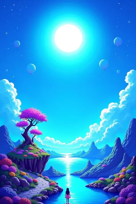 A beautiful fantasy world with a bright blue sky, a glowing sun and stars, a blue river flowing through the middle of it. A figure walks on a rock path towards an island full of vibrant greenery and colorful flowers. Floating islands are in the background,...