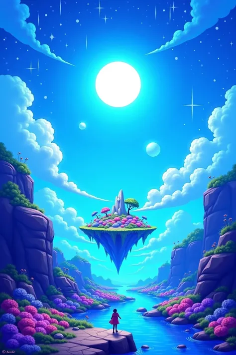 A beautiful fantasy world with a bright blue sky, a glowing sun and stars, a blue river flowing through the middle of it. A figure walks on a rock path towards an island full of vibrant greenery and colorful flowers. Floating islands are in the background,...