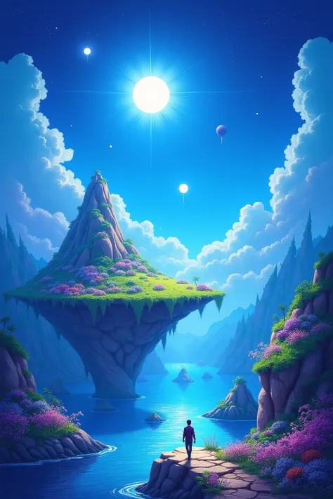 A beautiful fantasy world with a bright blue sky, a glowing sun and stars, a blue river flowing through the middle of it. A figure walks on a rock path towards an island full of vibrant greenery and colorful flowers. Floating islands are in the background,...