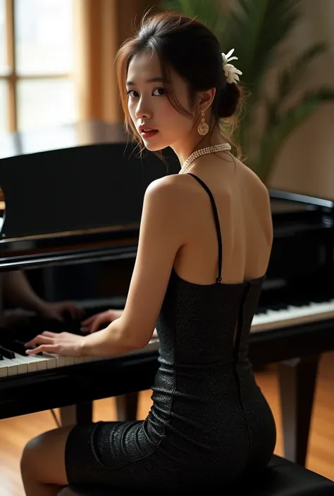 Korean woman sits on a sleek, black piano bench, her body turned slightly to the side, showcasing the dramatic curve of her hips. Her black dress clings to her body, the glittering sheen catching the soft light from the nearby window. Her fingers dance acr...