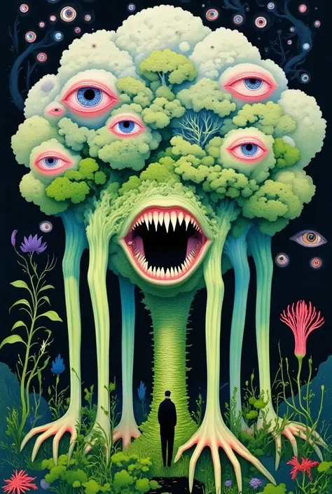 Create a horrifying alien monster that merges the features of a cauliflower and a frog. The creature has a large, bulbous cauliflower body with slimy, green frog limbs extending from it. Its eyes are massive and amphibian-like, glowing with a toxic green h...