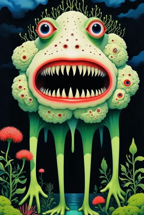 Create a horrifying alien monster that merges the features of a cauliflower and a frog. The creature has a large, bulbous cauliflower body with slimy, green frog limbs extending from it. Its eyes are massive and amphibian-like, glowing with a toxic green h...