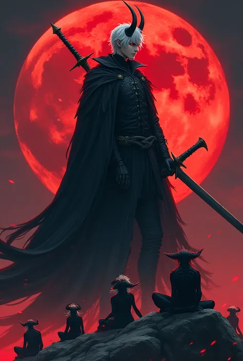 Large image of a demon king in the shape of a human anime with a sword with two large and heavy black cans he is tall with white hair and eyes red with black, with a scary big black cape ,  there are 6 demons behind him sitting on rocks laughing , three de...