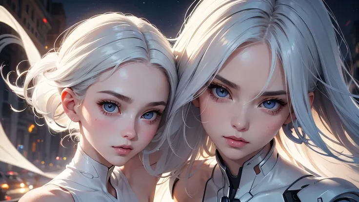 masterpiece, highest quality, (solo focus), (perfect face:1.1), (high detail:1.1),dramatic, 1girl, (pale skin), long white hair, white eyes, solo, long hair, medium breasts moon, night, white luxury suit, covered navel, pouty lips, covered, futuristic city...