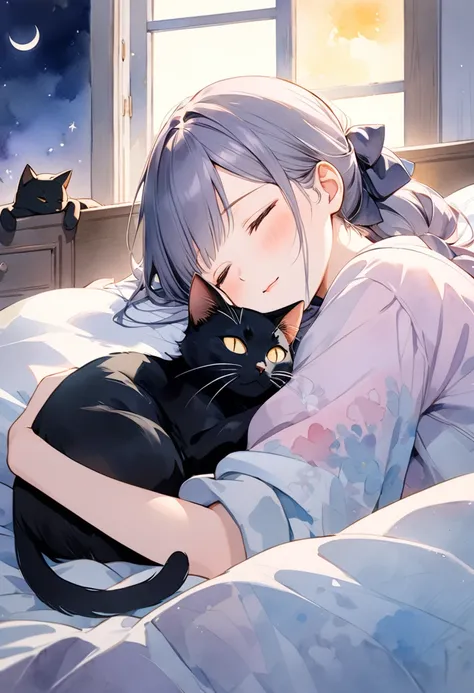 Painter and black cat sleeping well in bedroom, A heartwarming, gentle, and gentle scene between a black cat sleeping deeply in a quiet room with moonlight shining in, The long-haired painter with hair tied up snuggles up to a black cat and sleeps softly, ...