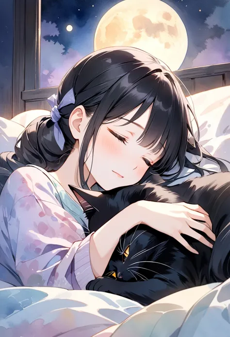 Painter and black cat sleeping well in bedroom, A heartwarming, gentle, and gentle scene between a black cat sleeping deeply in a quiet room with moonlight shining in, The long-haired painter with hair tied up snuggles up to a black cat and sleeps softly, ...