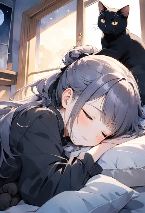 Painter and black cat sleeping well in bedroom, A heartwarming, gentle, and gentle scene between a black cat sleeping deeply in a quiet room with moonlight shining in, The long-haired painter with hair tied up snuggles up to a black cat and sleeps softly, ...