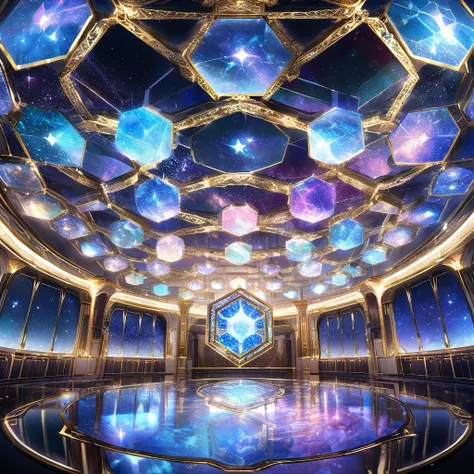  The Hall of Origin has a translucent marble floor that reflects the universe .  Stars and galaxies are visible everywhere ,  giving the impression of being in the cosmos . A hexagonal circular altar displays symbols representing the elements that Arceus g...