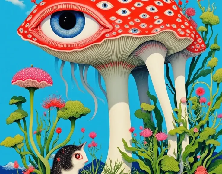  a mushroom with eyes ,  a red mushroom with white spots, white stem , Tentacles,  mushroom has an eye in the middle of the stem .