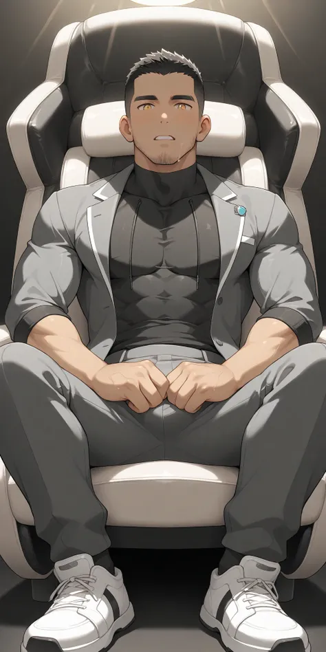 anime characters：Gyee, whole body, Buzz Cut, In a clean and tidy bedroom, Sit on an upscale sofa massage chair, The top is all meat pads, It has lots of milky white mucus on it, He grits his teeth, He's wearing a grey maintenance worker's suit, Wear a blac...