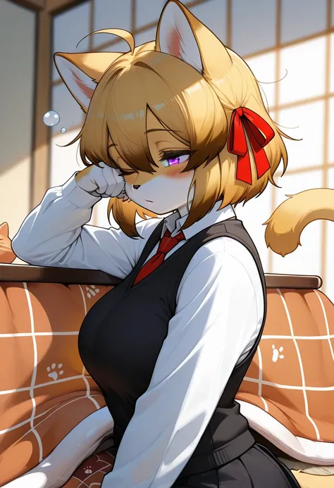 1girl, (furry, kemono:1.4), cat girl, animal nose, cat ears, cat tail, blonde hair, one eye closed, short hair, ahoge, sleepy, hair between eyes, blush, red eyes, pink eyes, vest, shirt, long sleeves, skirt, hair ribbon, necktie, collared shirt, solo, blac...