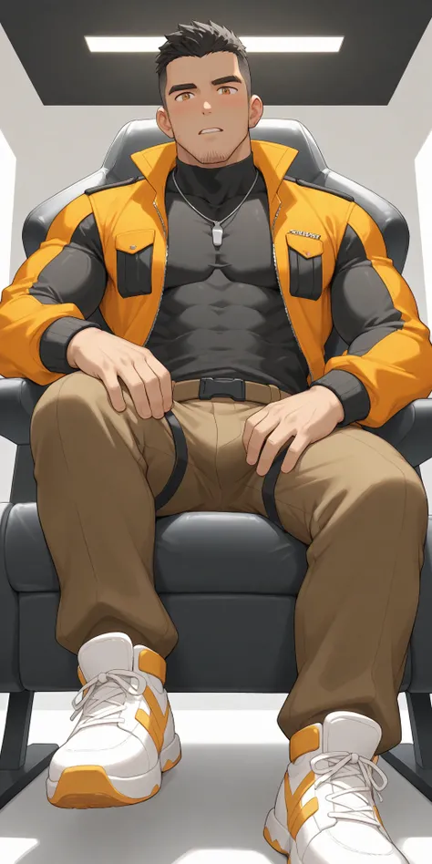 anime characters：Gyee, whole body,  In a clean and tidy bedroom, Sit on an upscale sofa massage chair, The top is all meat pads, It has lots of milky white mucus on it, He grits his teeth, He's wearing a grey maintenance worker's suit, Wear a black turtlen...